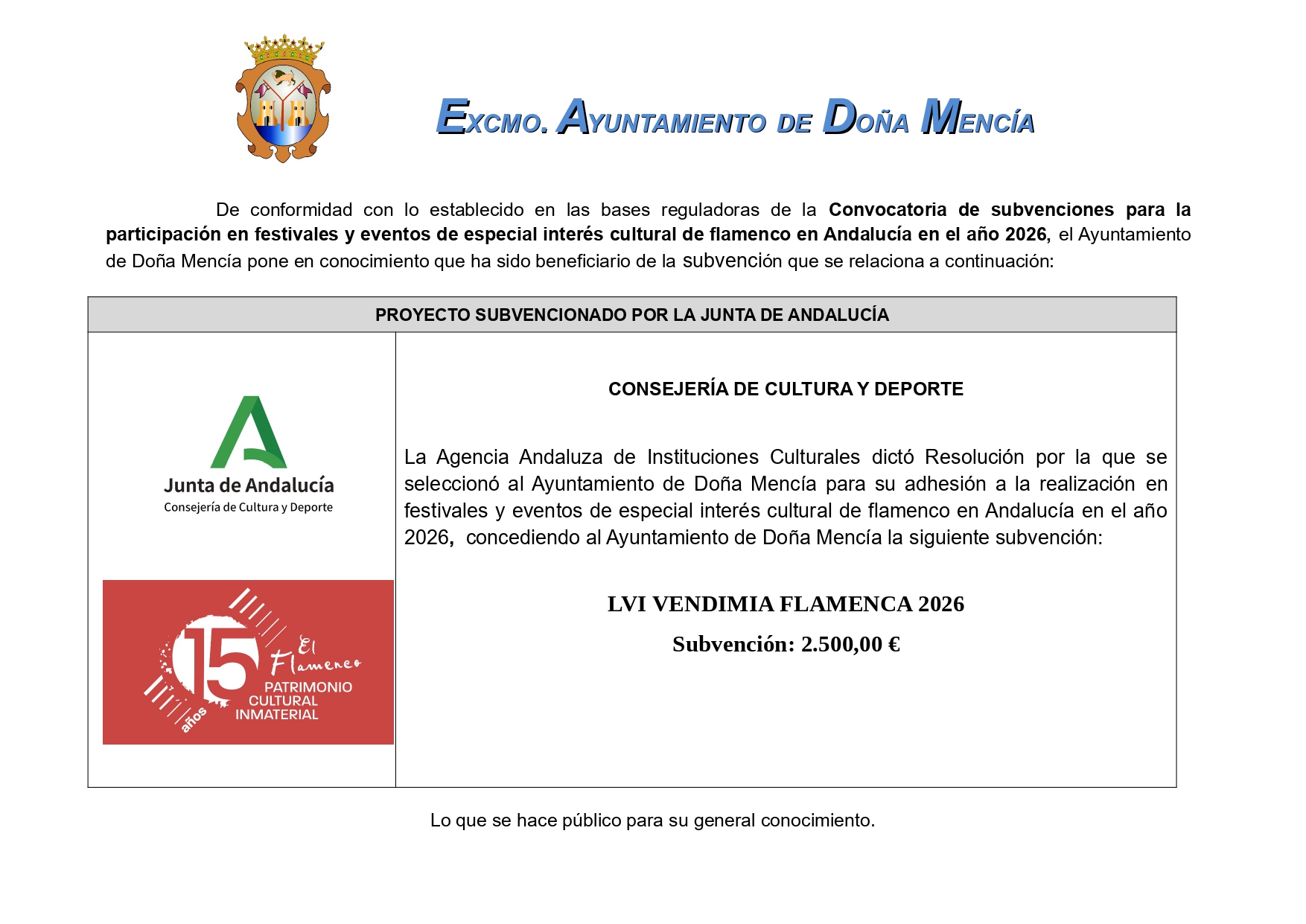 Convocatoria de subvenciones para la participación en festivales y eventos de especial interés cultural de flamenco en Andalucía en el año 2026